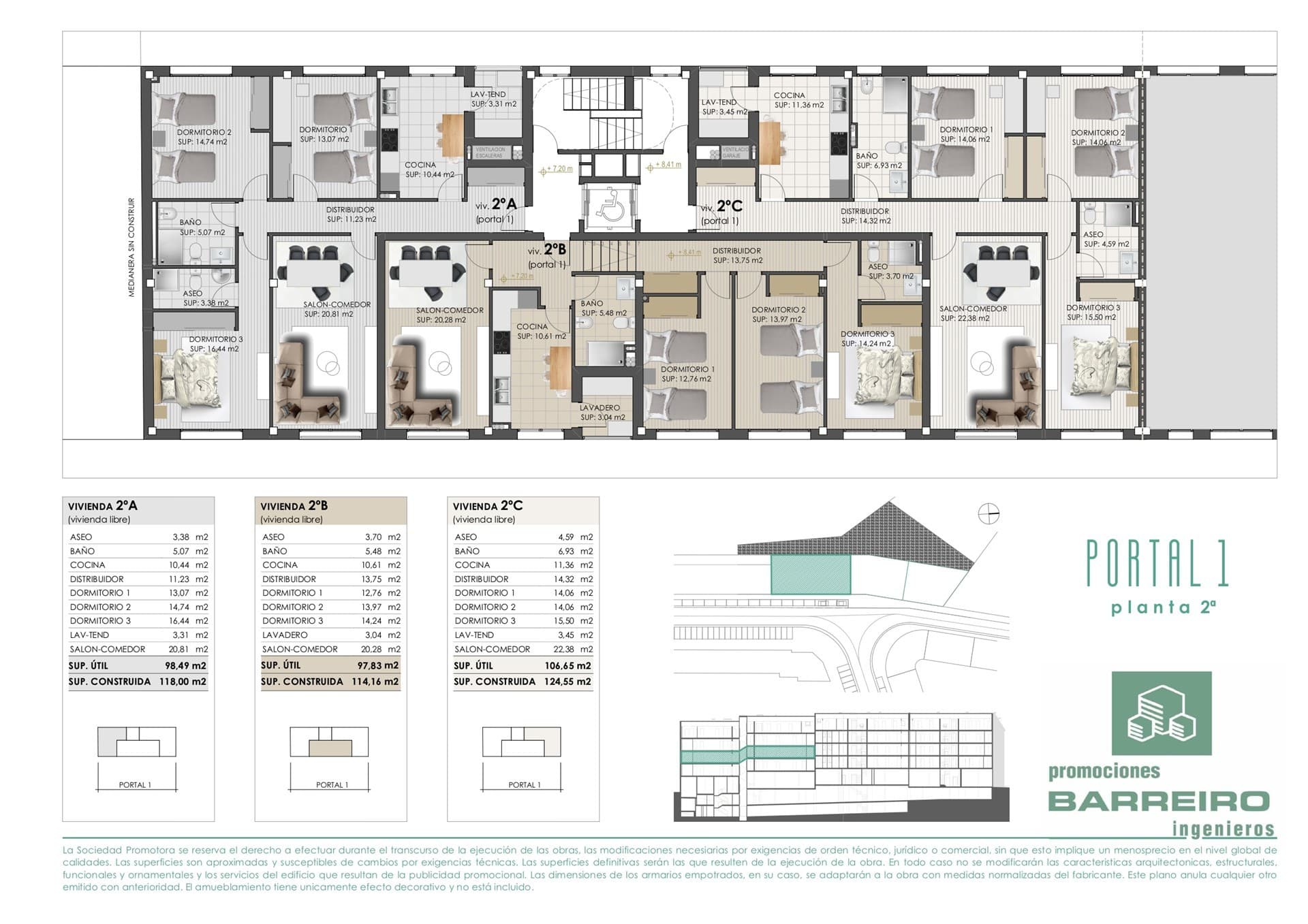 Plano de la vivienda del portal 1, planta 2 de la promoción de Vilagarcía