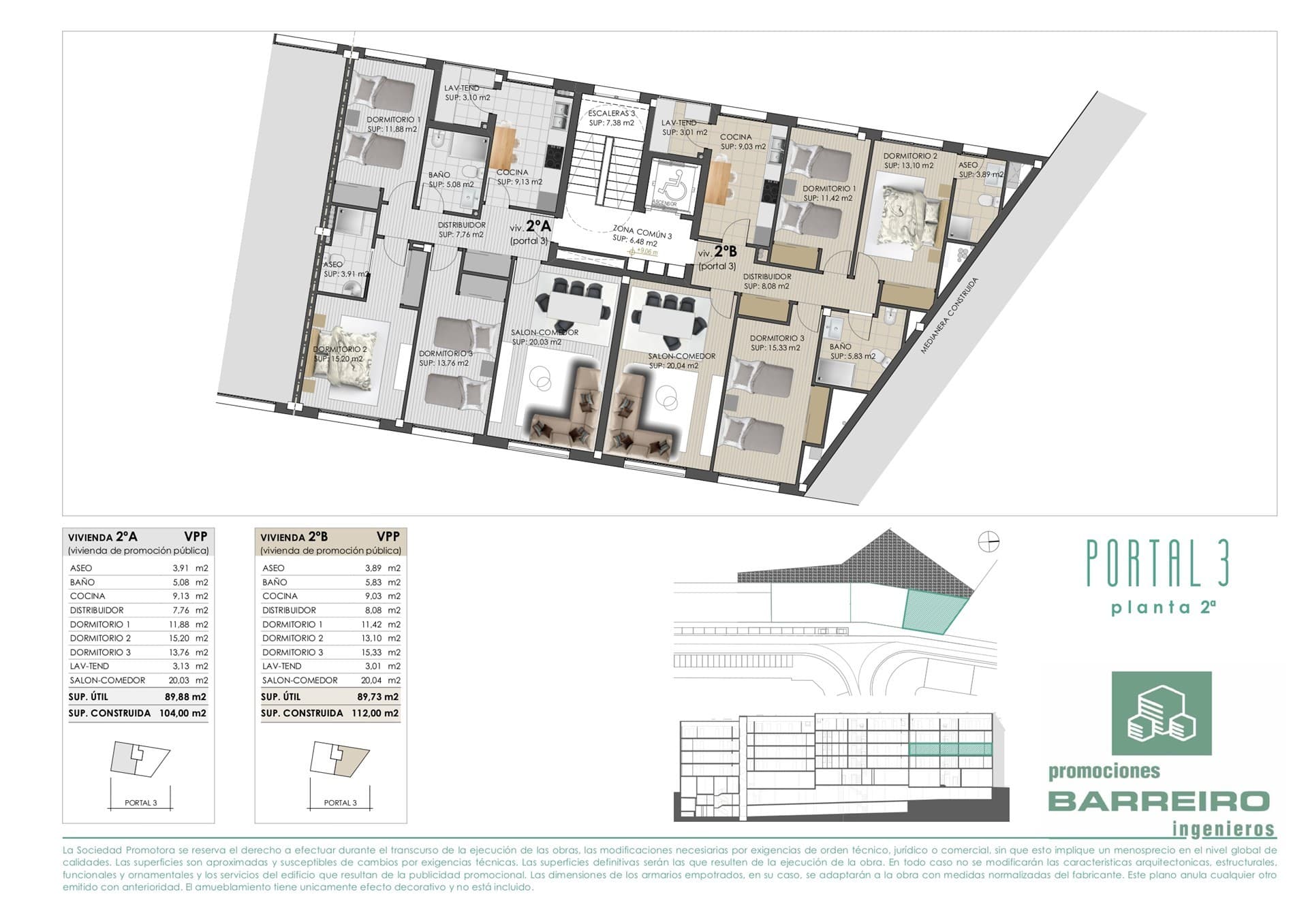 Plano de la vivienda del portal 3, planta 2 de la promoción de Vilagarcía