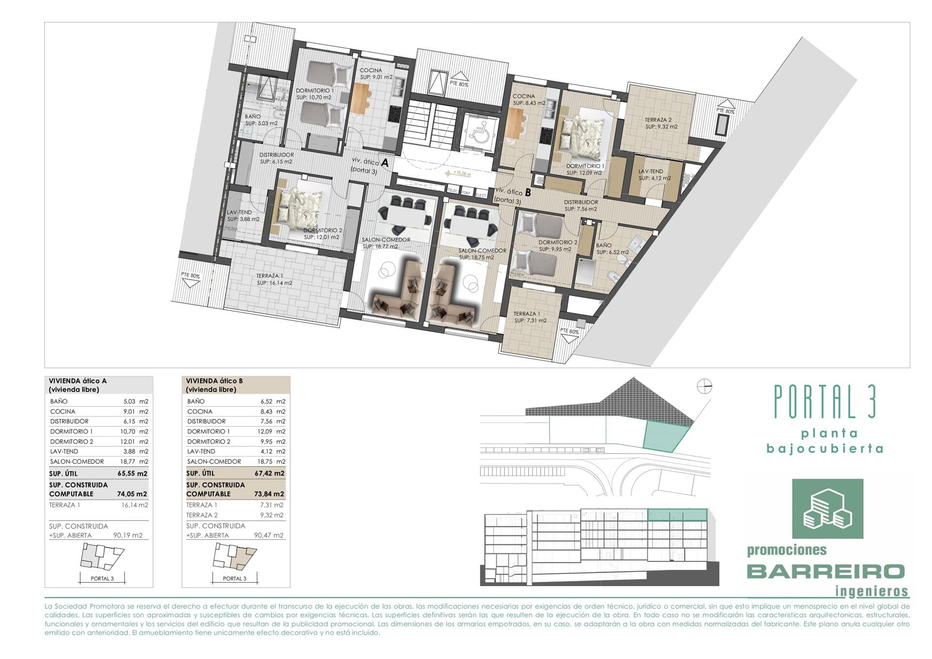 Plano de la vivienda bajo cubierta del portal 3 en Bosque de Desamparados
