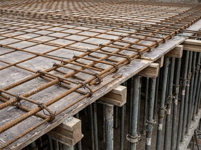Operarios trabajando en la estructura de un edificio de viviendas en Vilagarcía