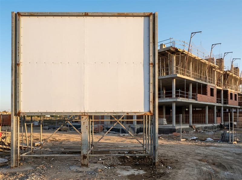 Cartel de venta de viviendas de obra nueva en una promoción de Vilagarcía de Arousa